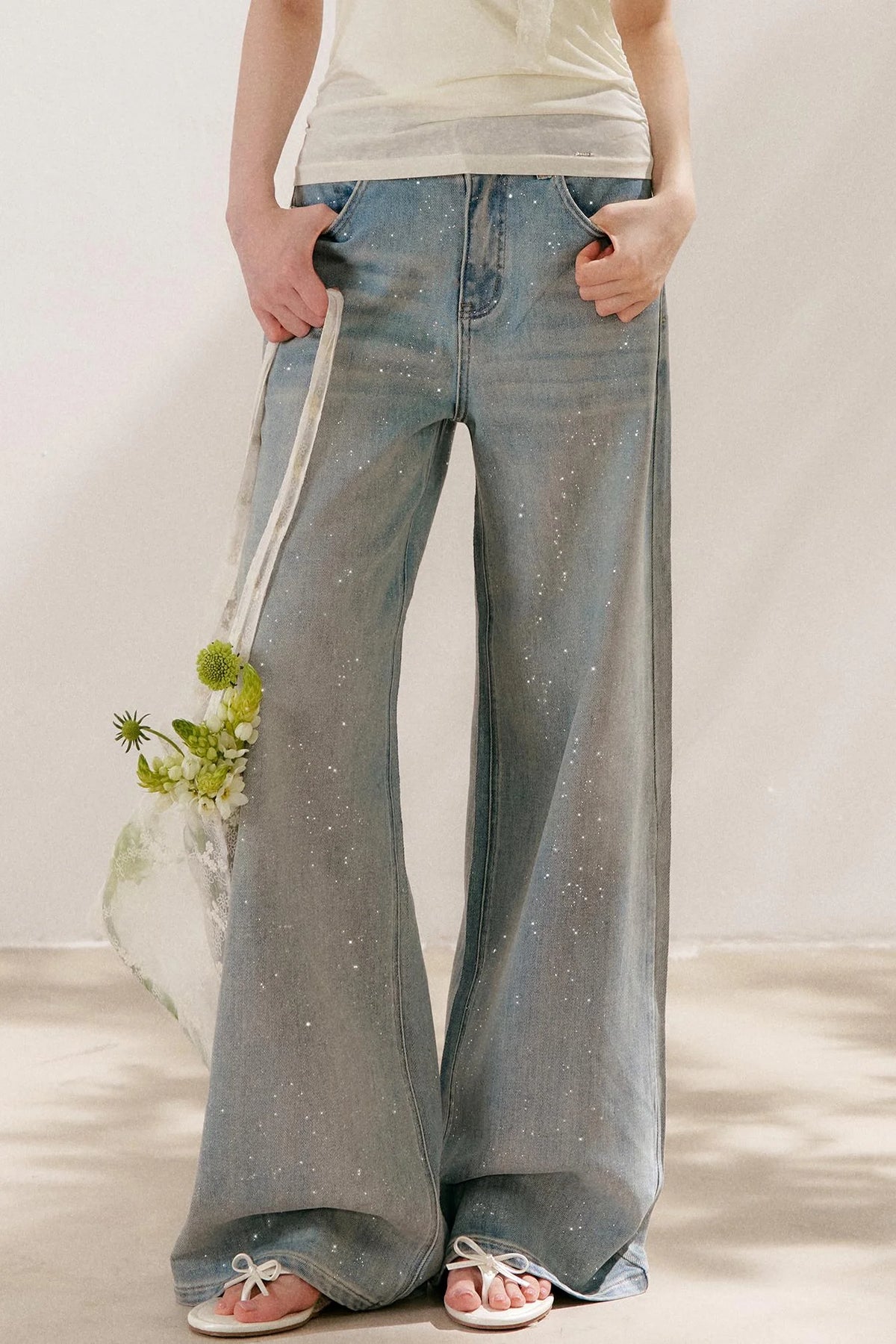 Silver Embellishment Straight Wide-Leg Loose Jeans