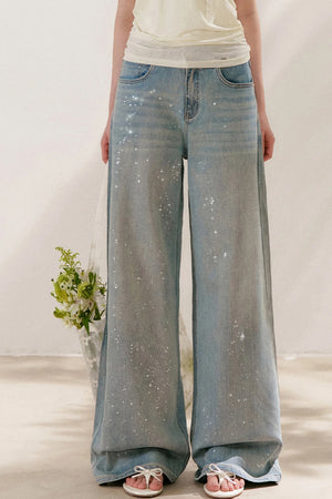 Silver Embellishment Straight Wide-Leg Loose Jeans