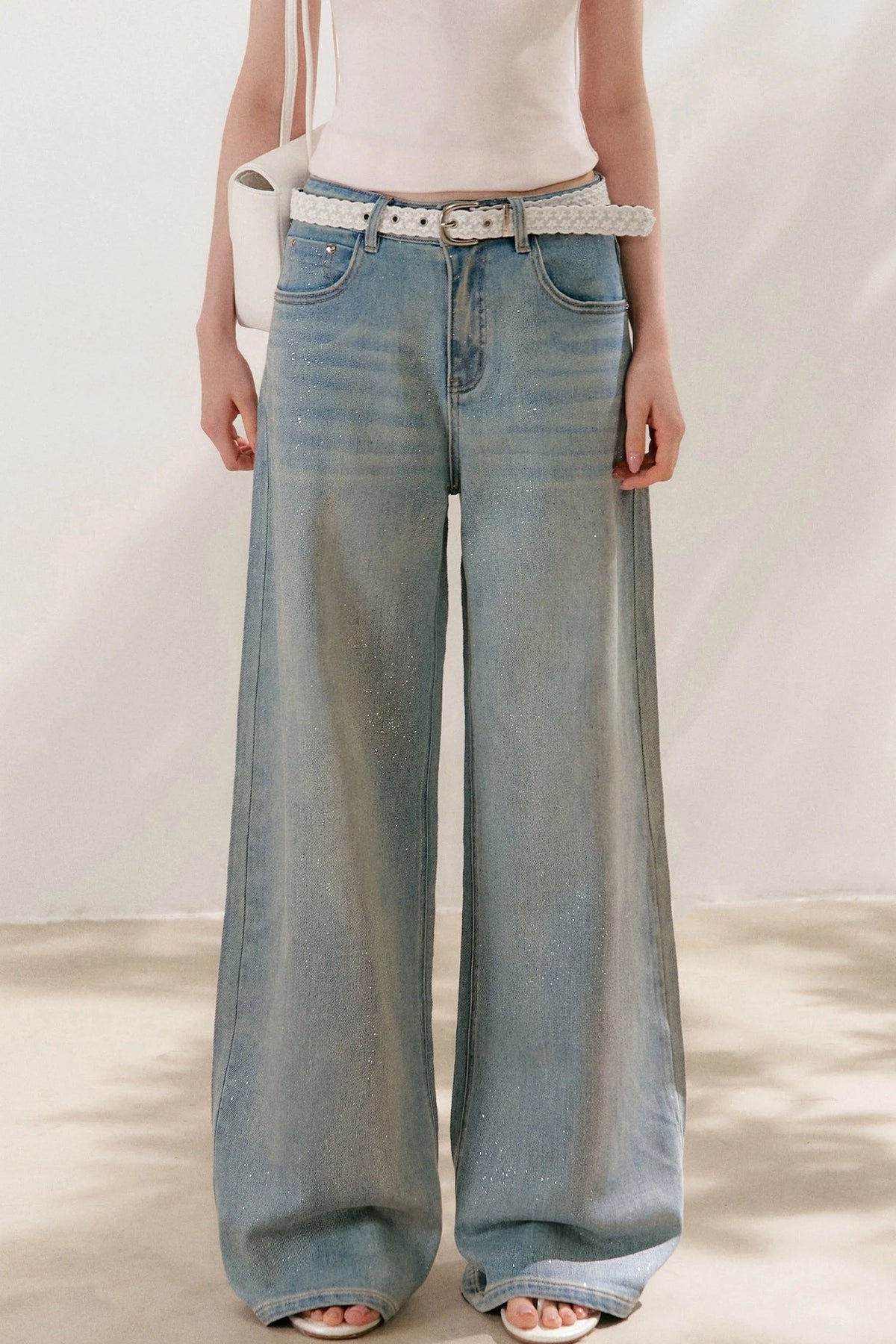 Silver Embellishment Straight Wide-Leg Loose Jeans