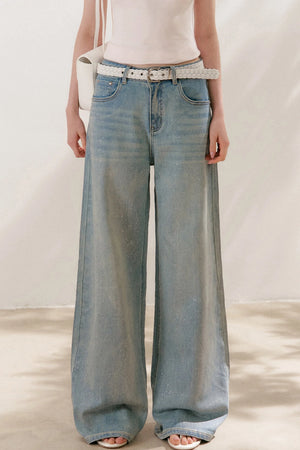 Silver Embellishment Straight Wide-Leg Loose Jeans