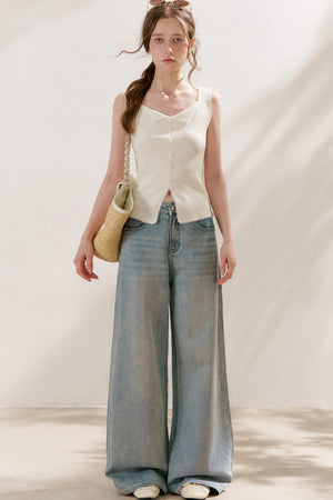 Silver Embellishment Straight Wide-Leg Loose Jeans