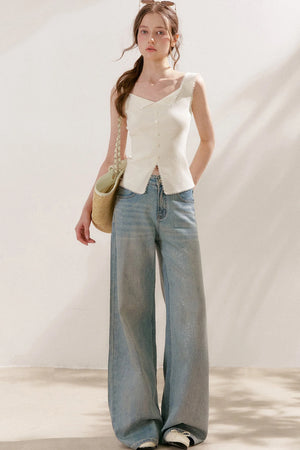 Silver Embellishment Straight Wide-Leg Loose Jeans