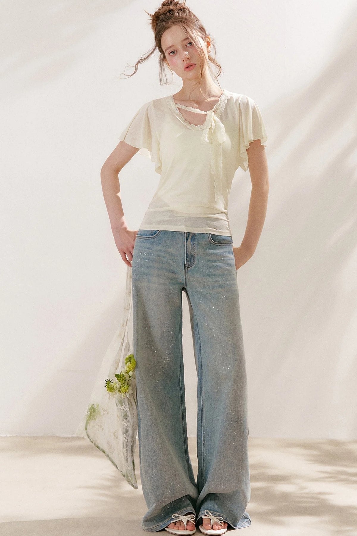 Silver Embellishment Straight Wide-Leg Loose Jeans