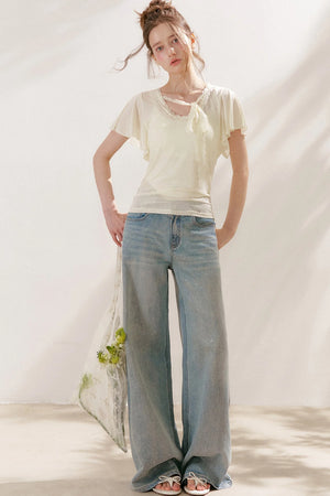 Silver Embellishment Straight Wide-Leg Loose Jeans