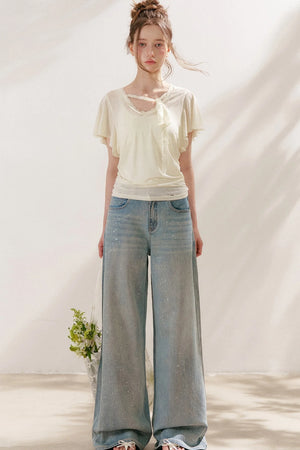 Silver Embellishment Straight Wide-Leg Loose Jeans