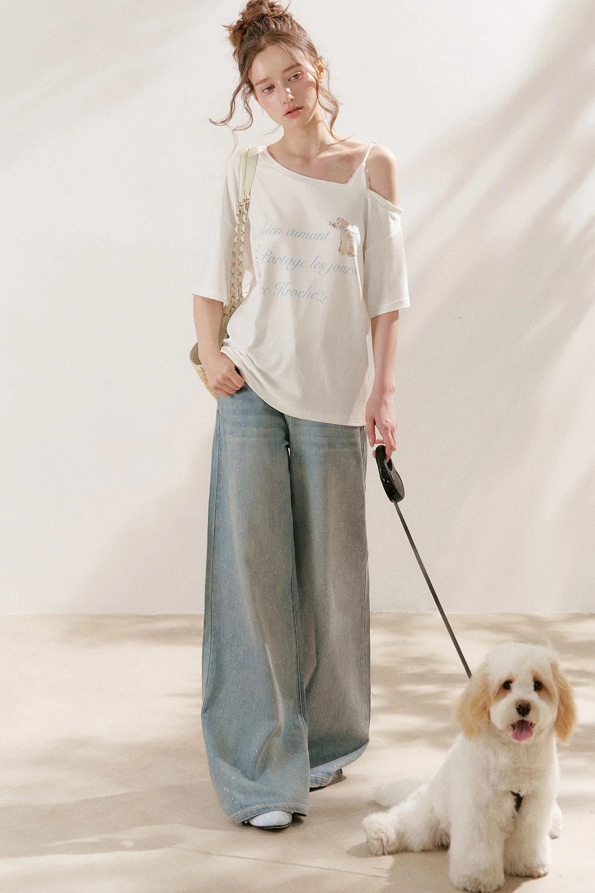Silver Embellishment Straight Wide-Leg Loose Jeans