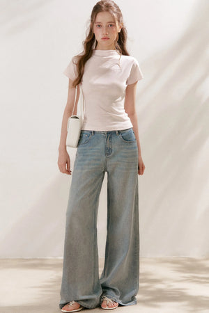 Silver Embellishment Straight Wide-Leg Loose Jeans