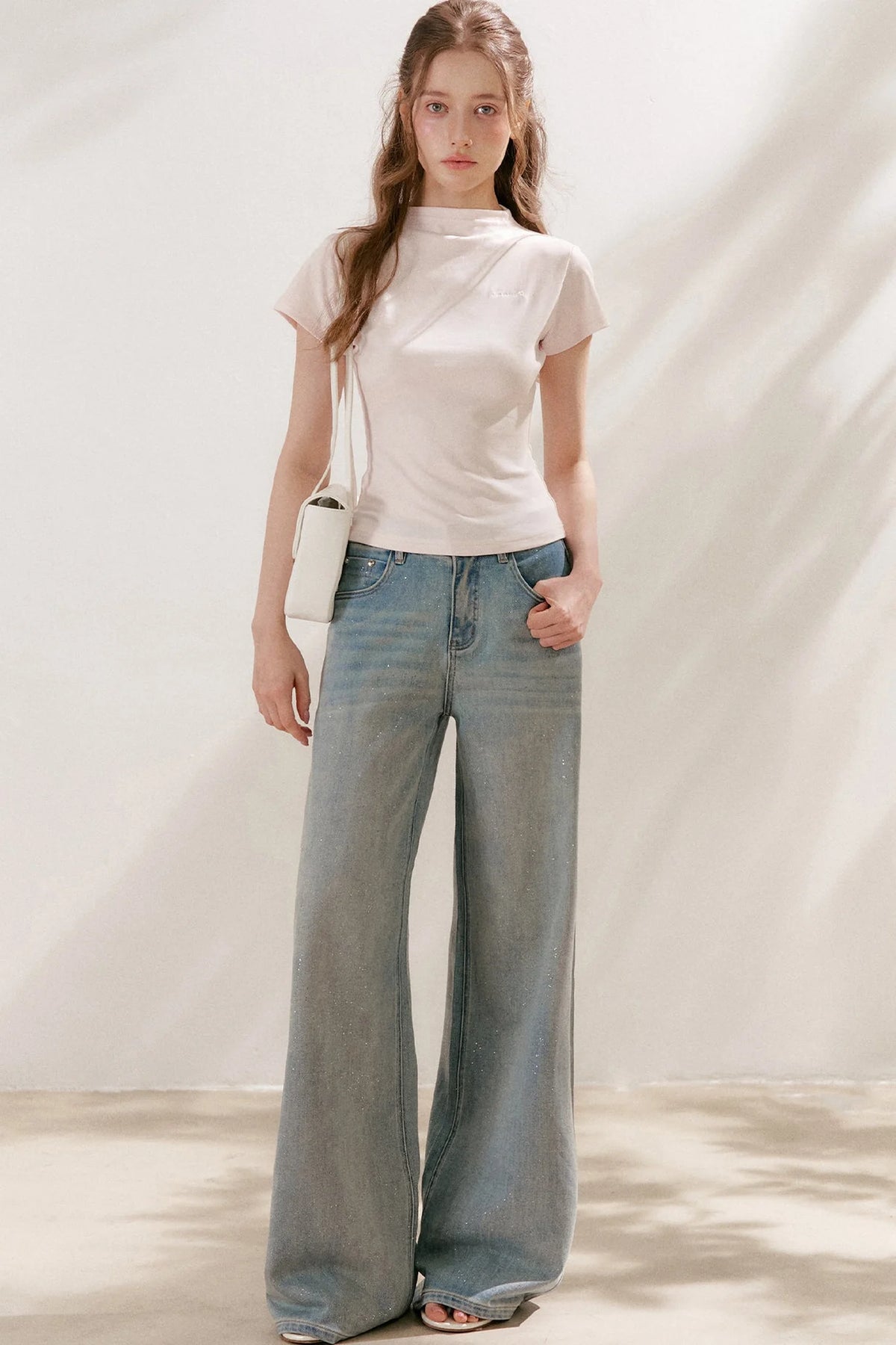 Silver Embellishment Straight Wide-Leg Loose Jeans