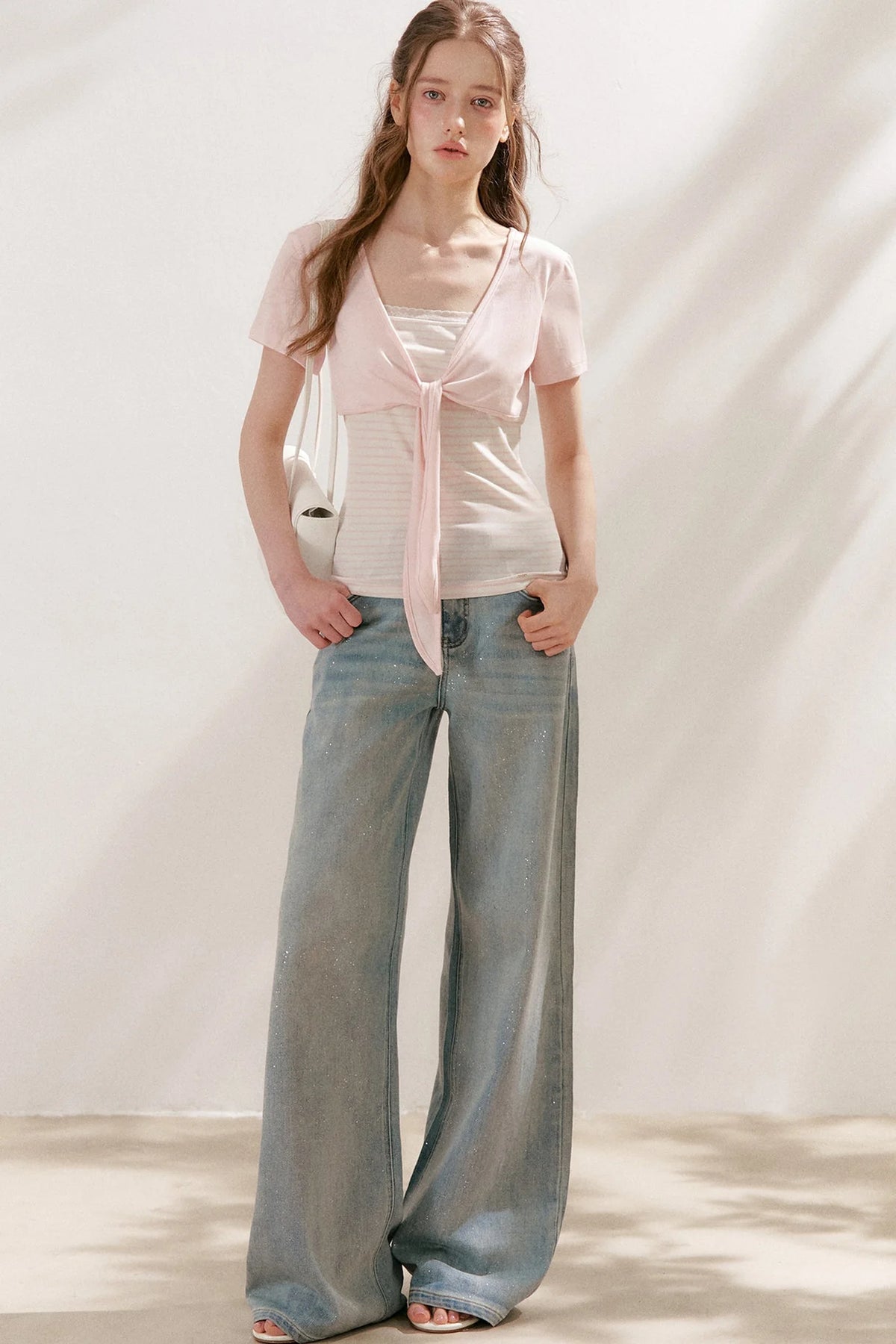 Silver Embellishment Straight Wide-Leg Loose Jeans