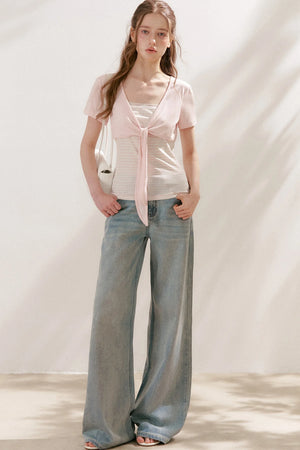 Silver Embellishment Straight Wide-Leg Loose Jeans