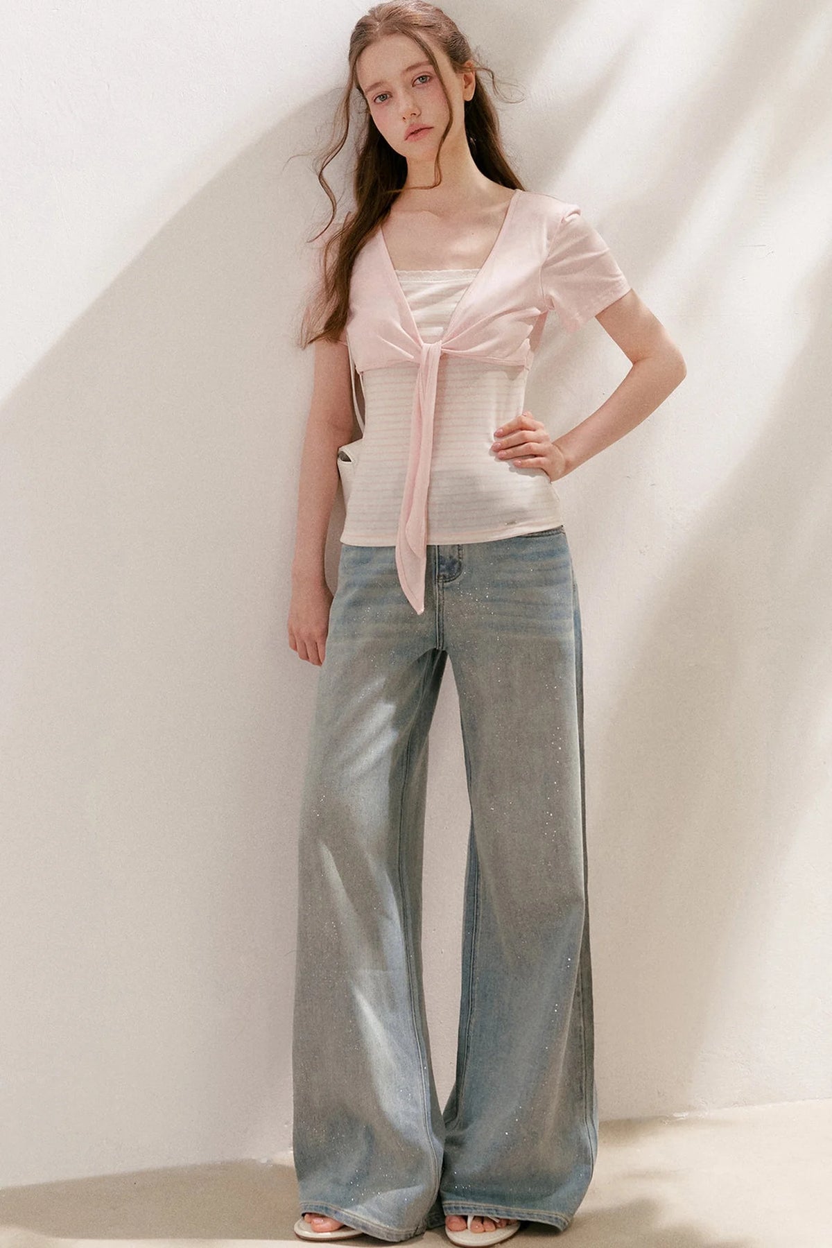 Silver Embellishment Straight Wide-Leg Loose Jeans