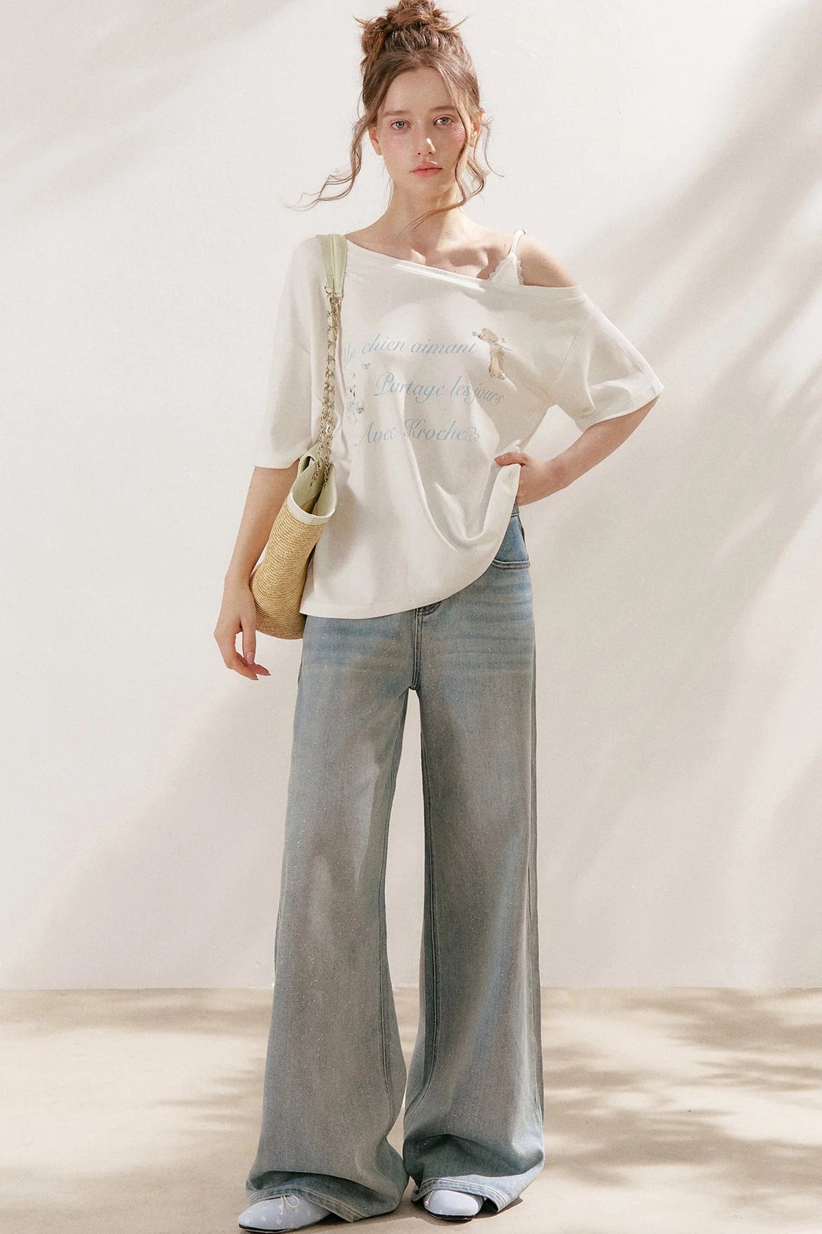 Silver Embellishment Straight Wide-Leg Loose Jeans