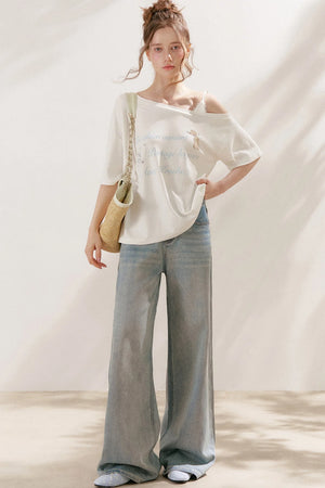Silver Embellishment Straight Wide-Leg Loose Jeans