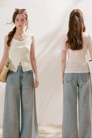 Silver Embellishment Straight Wide-Leg Loose Jeans