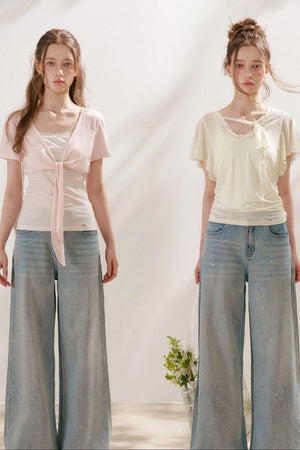Silver Embellishment Straight Wide-Leg Loose Jeans