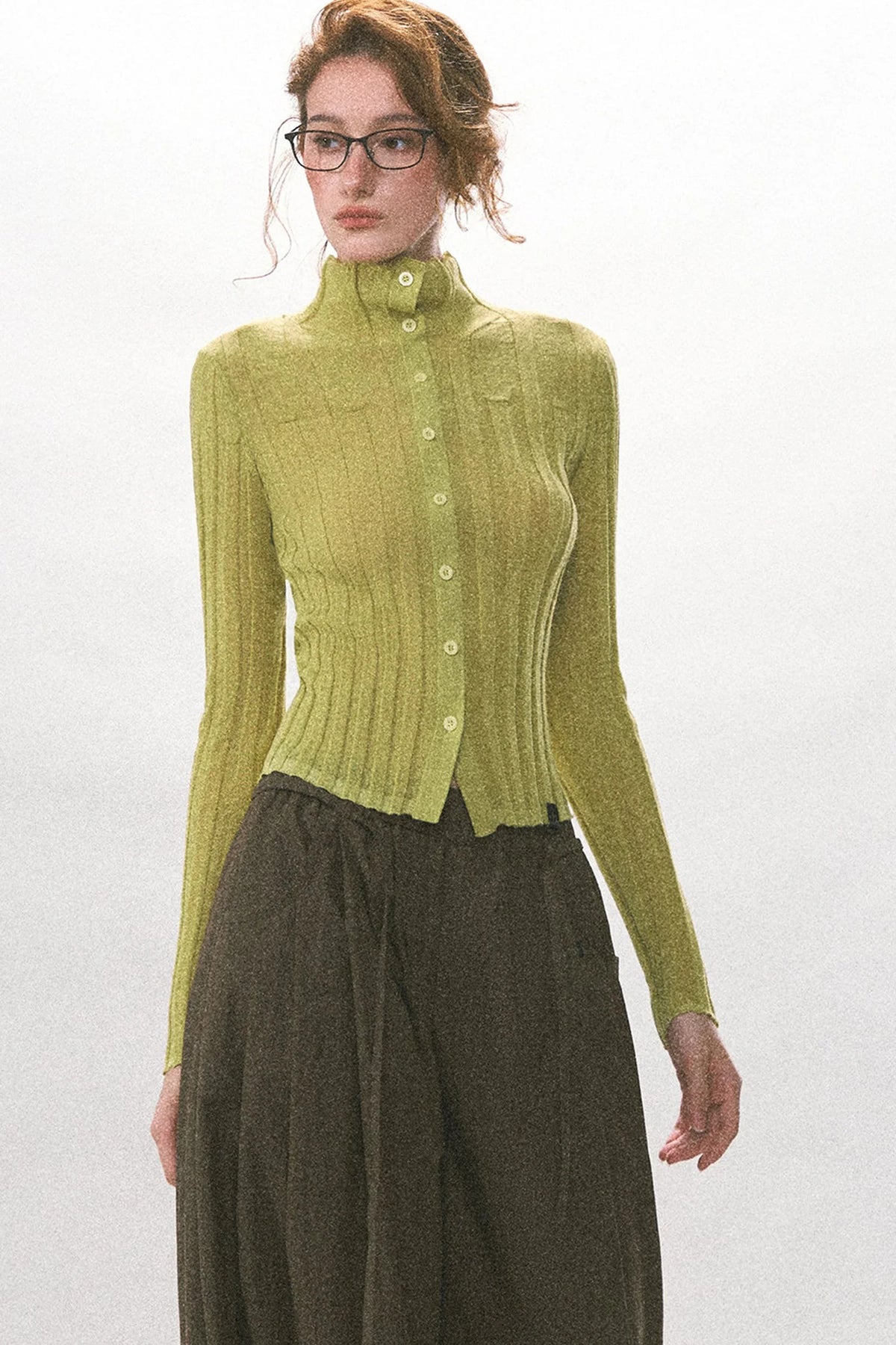 Single-Breasted Vertical Ribbed Stand Collar Knit Cardigan