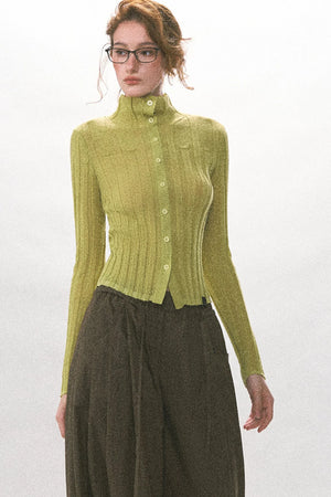 Single-Breasted Vertical Ribbed Stand Collar Knit Cardigan