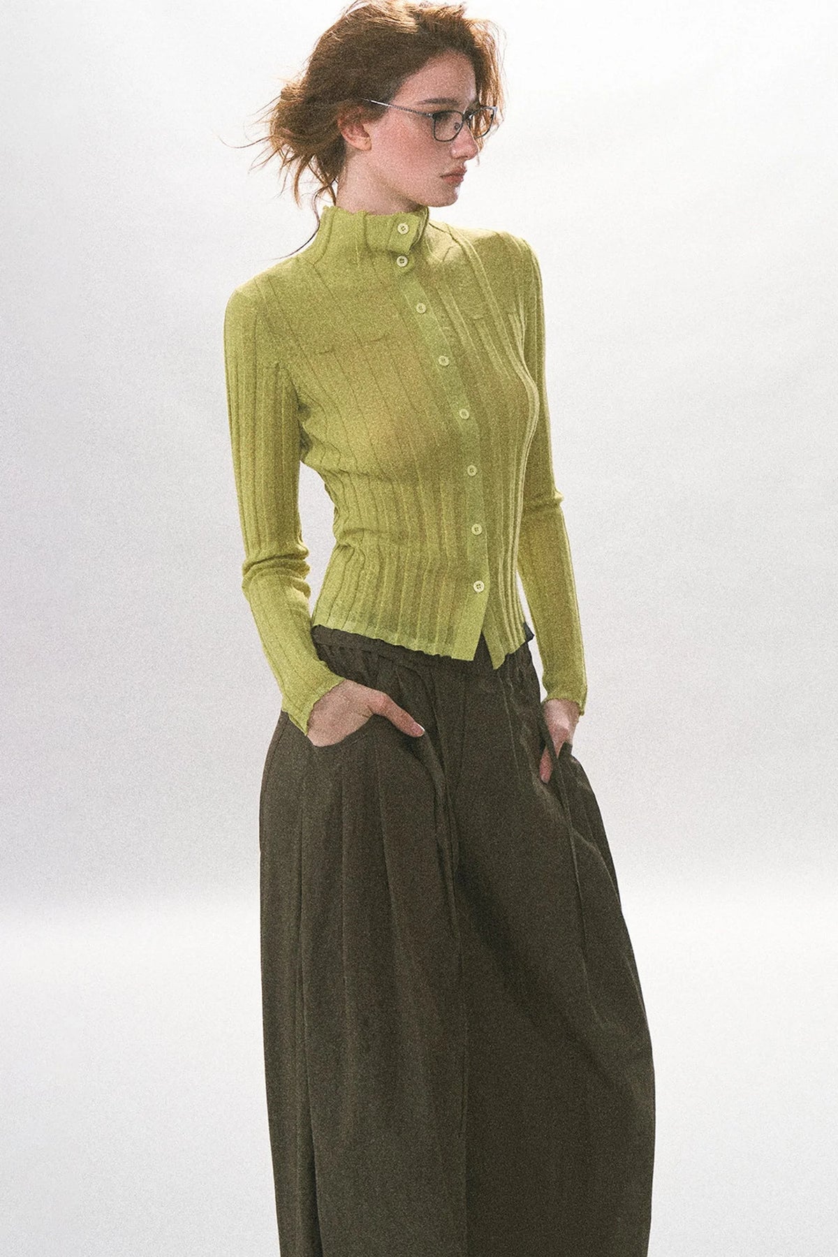 Single-Breasted Vertical Ribbed Stand Collar Knit Cardigan