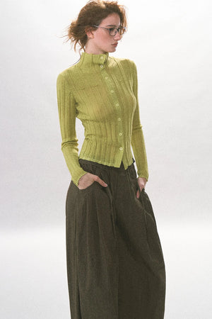 Single-Breasted Vertical Ribbed Stand Collar Knit Cardigan