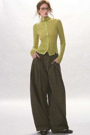 Single-Breasted Vertical Ribbed Stand Collar Knit Cardigan