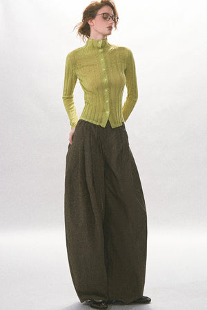 Single-Breasted Vertical Ribbed Stand Collar Knit Cardigan