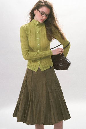 Single-Breasted Vertical Ribbed Stand Collar Knit Cardigan