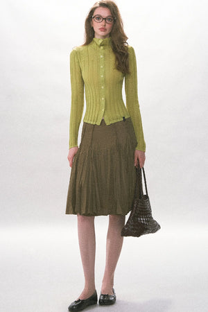 Single-Breasted Vertical Ribbed Stand Collar Knit Cardigan