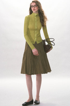 Single-Breasted Vertical Ribbed Stand Collar Knit Cardigan