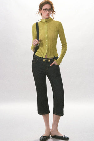Single-Breasted Vertical Ribbed Stand Collar Knit Cardigan
