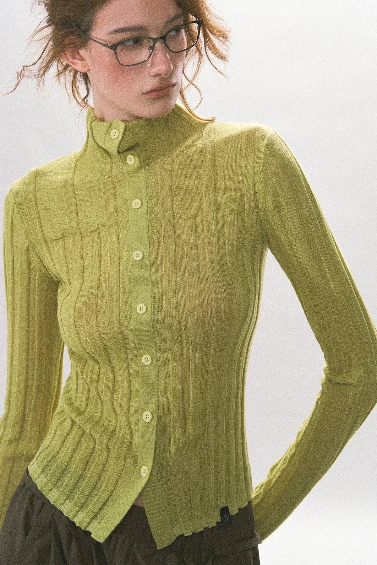 Single-Breasted Vertical Ribbed Stand Collar Knit Cardigan