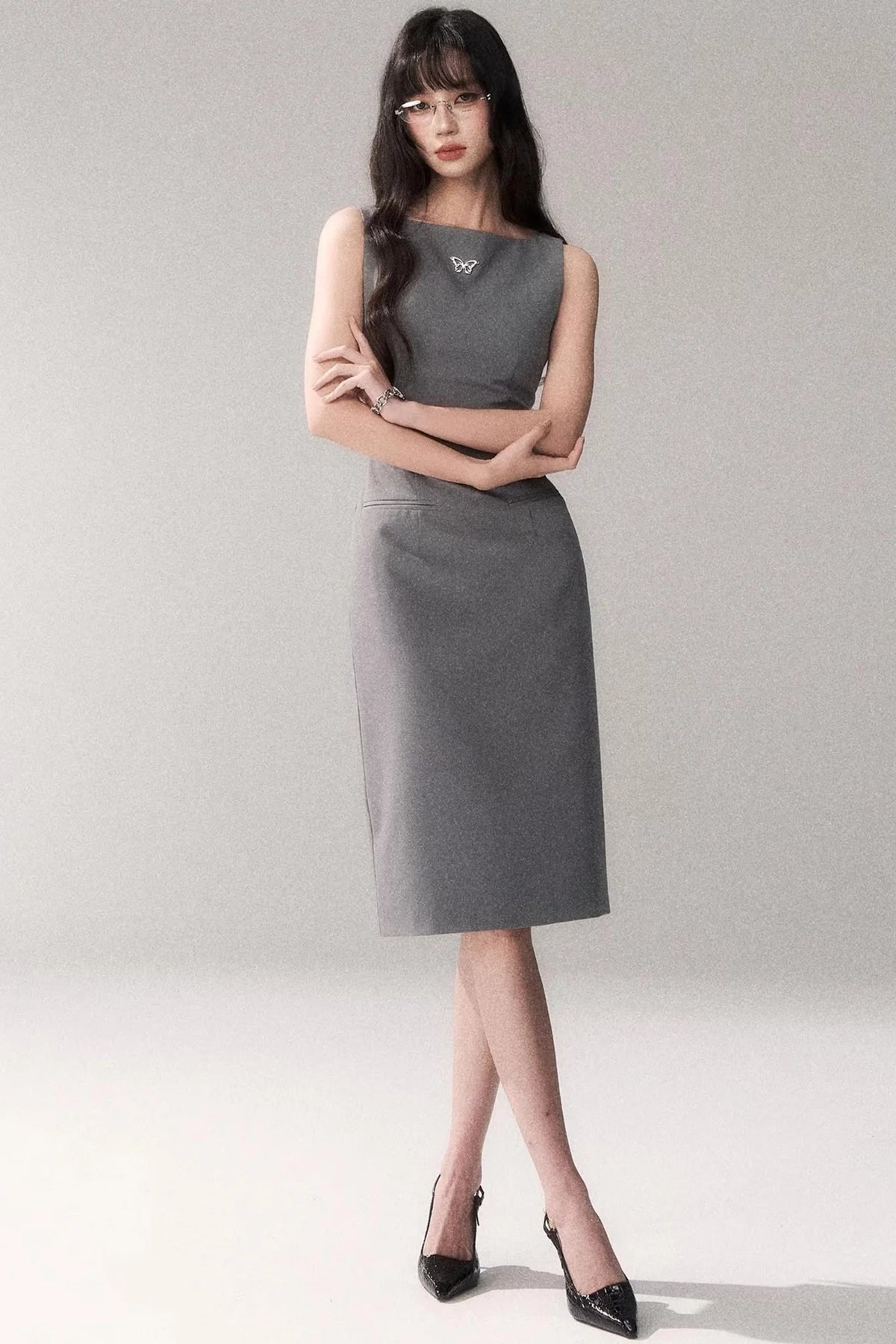Siren Off-Shoulder Gray Dress