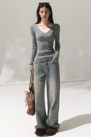 Skin Lace Wool Knit Sleeve Sweater Top