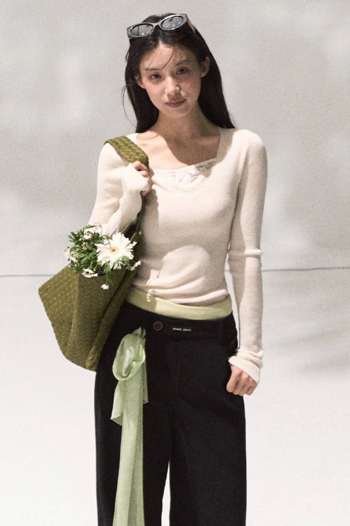 Skin Lace Wool Knit Sleeve Sweater Top