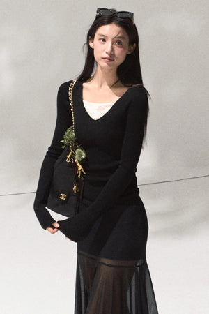 Skin Lace Wool Knit Sleeve Sweater Top