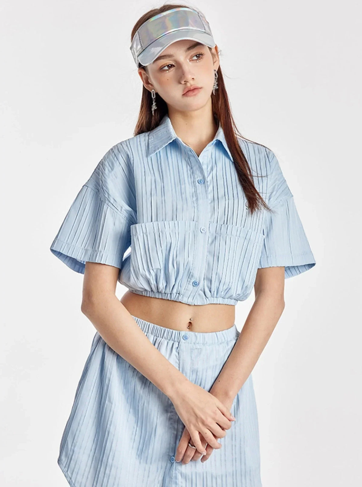 Sky Blue Elasticated Crop Shirt With Simple Skirt Set-Up