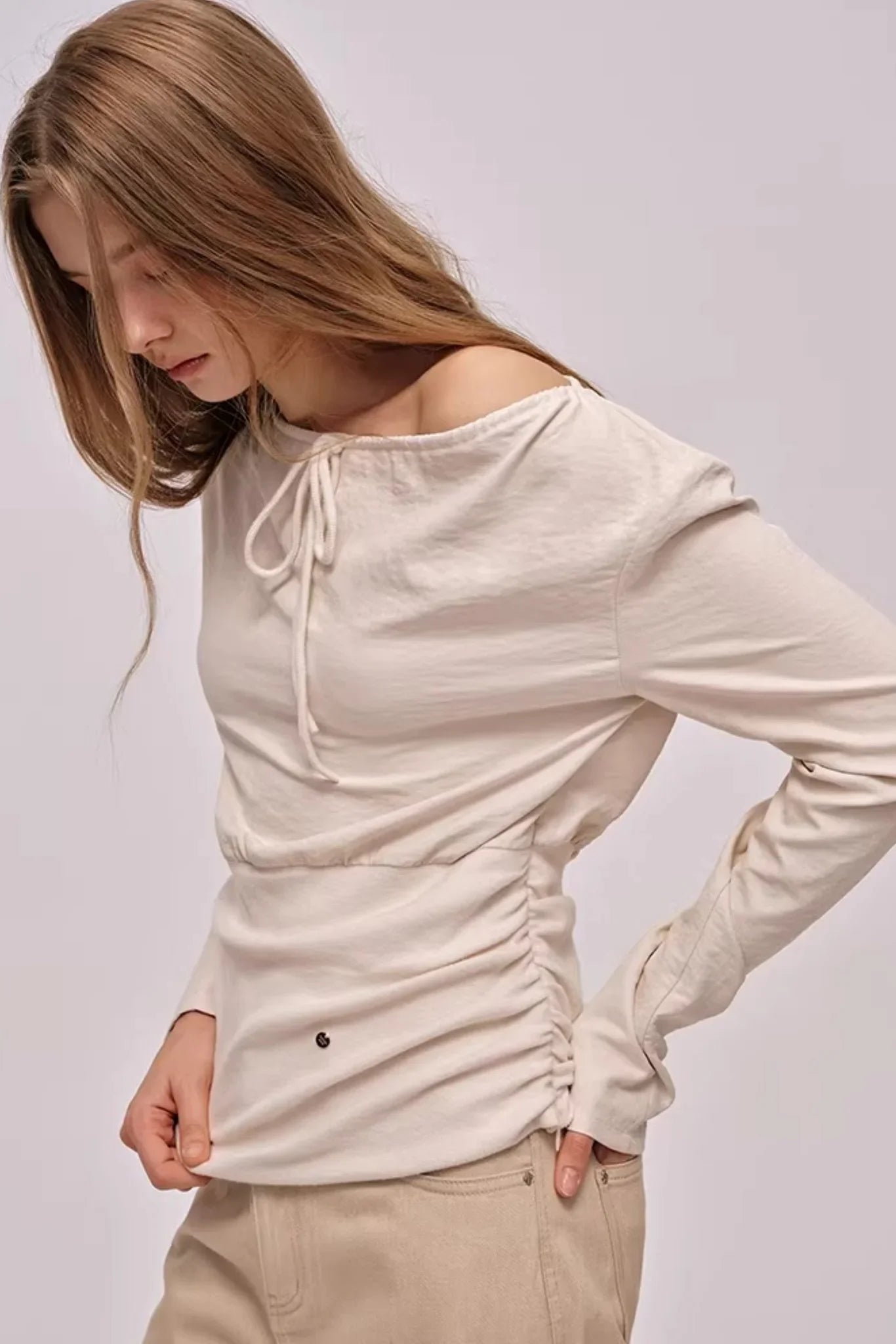 Slanted Drawstring Patchwork Top