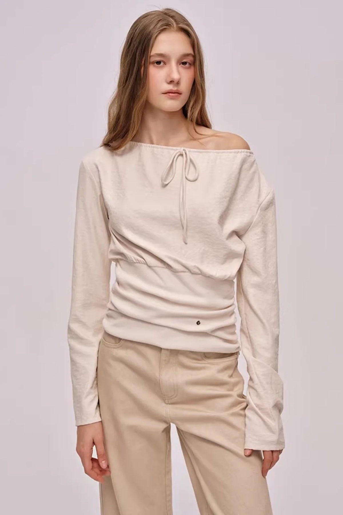 Slanted Drawstring Patchwork Top