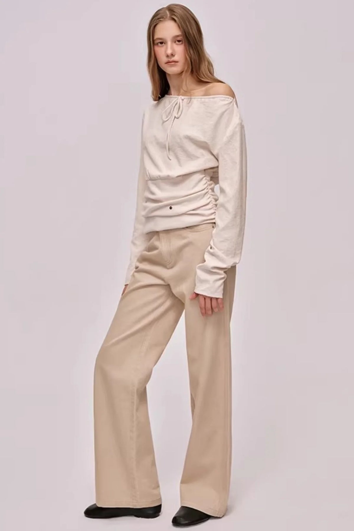 Slanted Drawstring Patchwork Top
