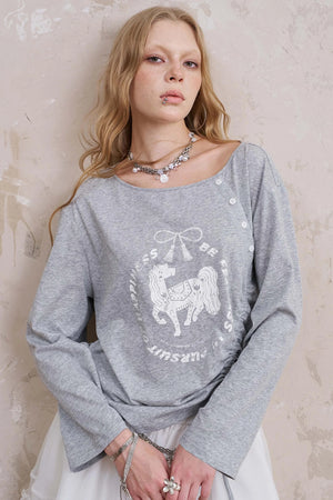 Slanted Monochrome Flower Ruffle T-Shirt