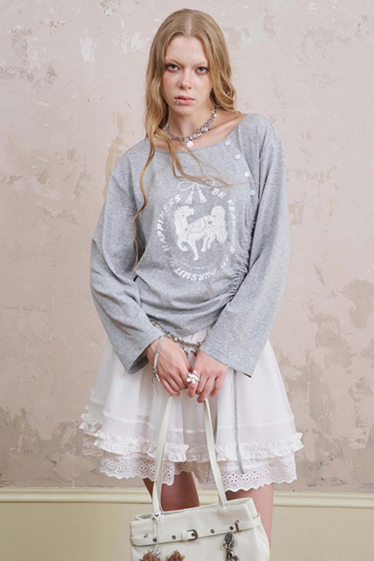 Slanted Monochrome Flower Ruffle T-Shirt