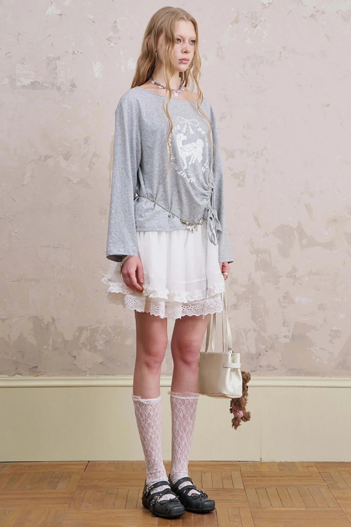 Slanted Monochrome Flower Ruffle T-Shirt