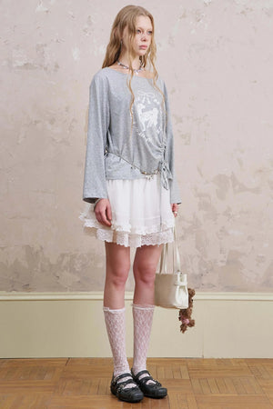 Slanted Monochrome Flower Ruffle T-Shirt