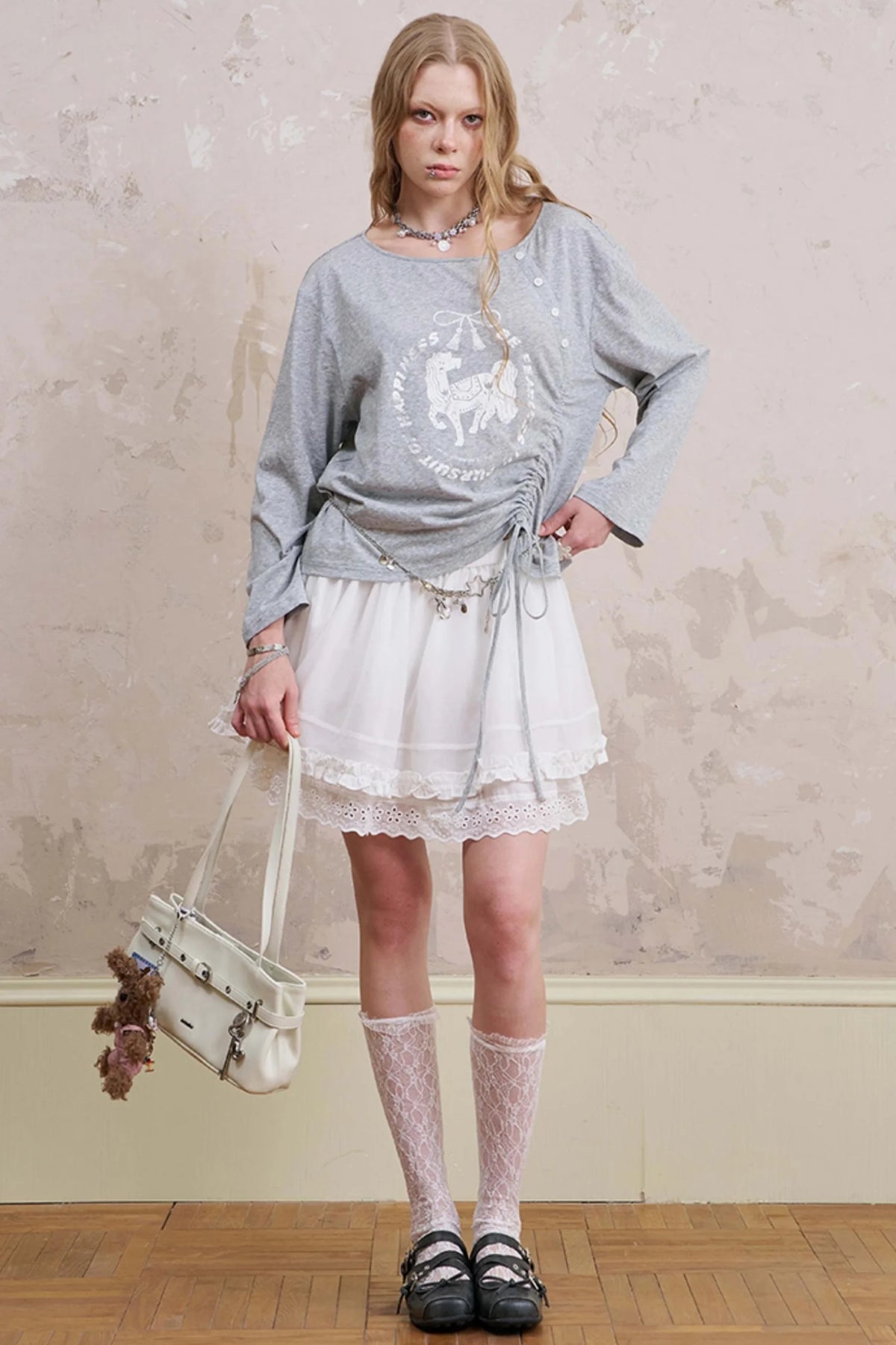 Slanted Monochrome Flower Ruffle T-Shirt