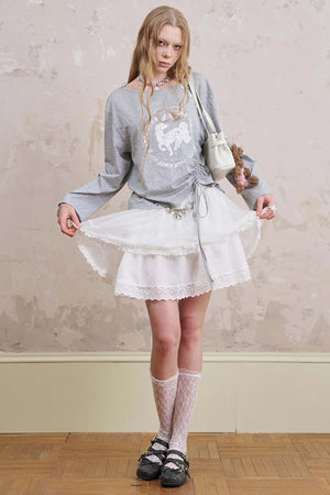 Slanted Monochrome Flower Ruffle T-Shirt
