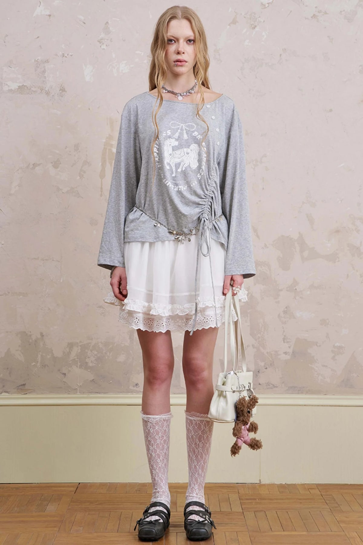 Slanted Monochrome Flower Ruffle T-Shirt