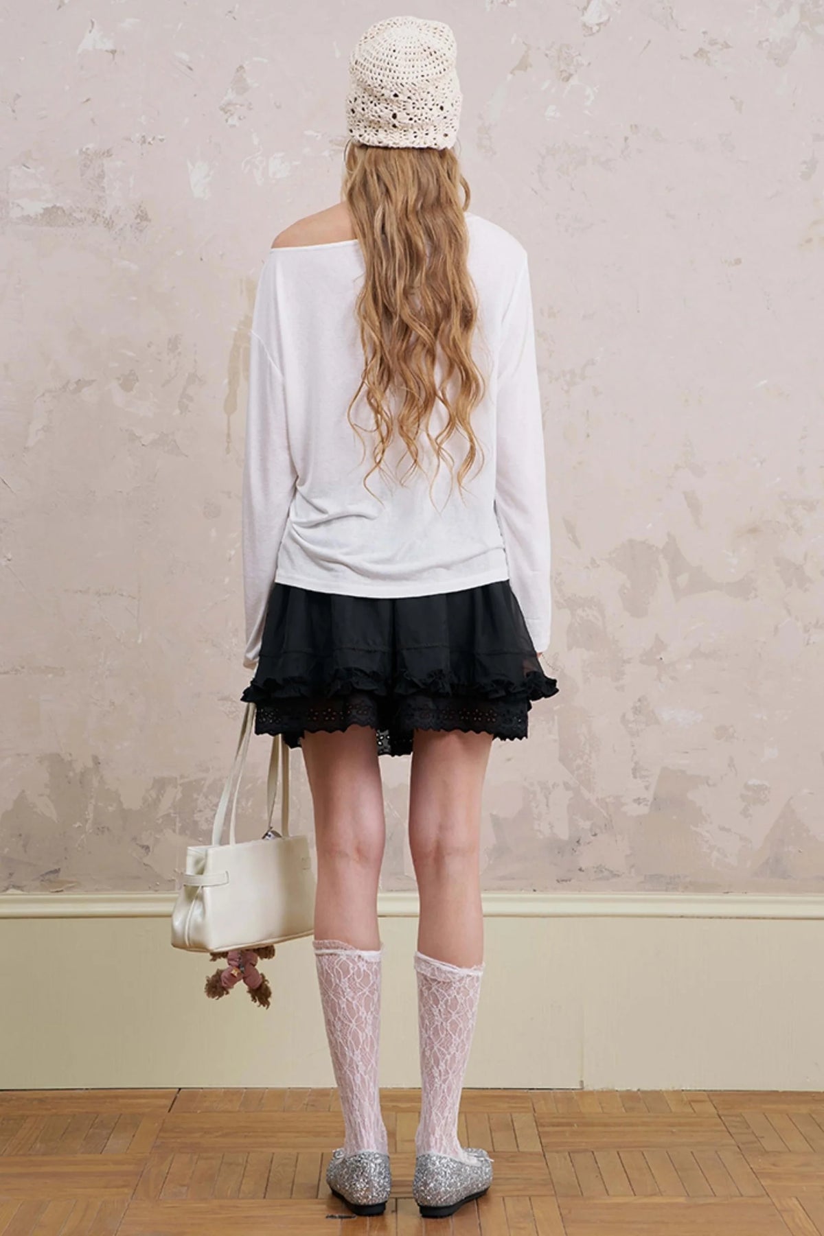 Slanted Monochrome Flower Ruffle T-Shirt