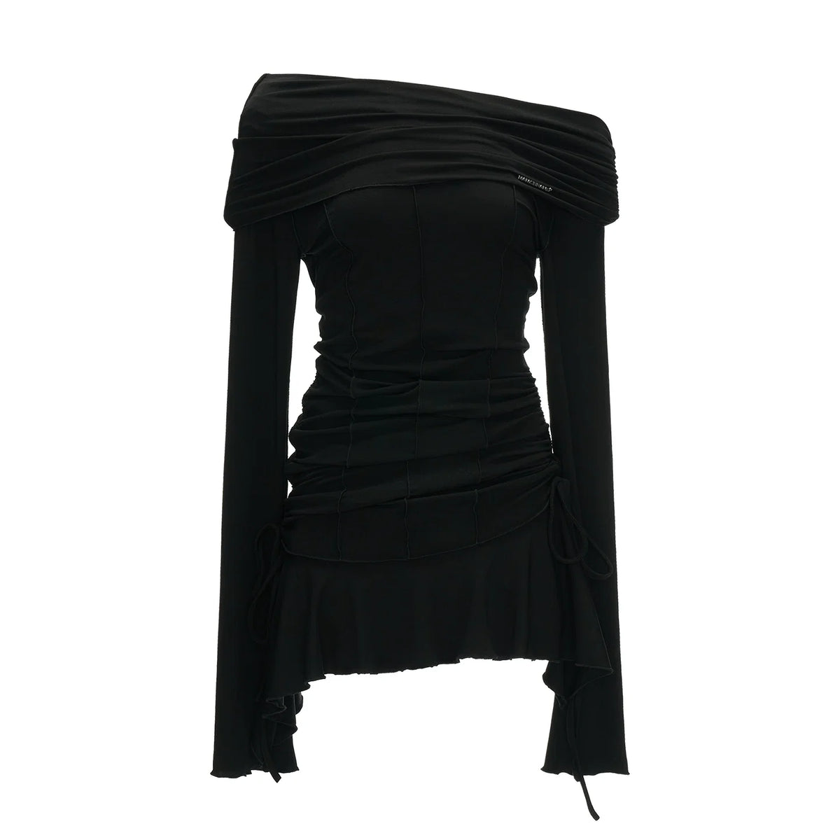 Slanted Pleated French Waist Long Sleeve Midi Dress