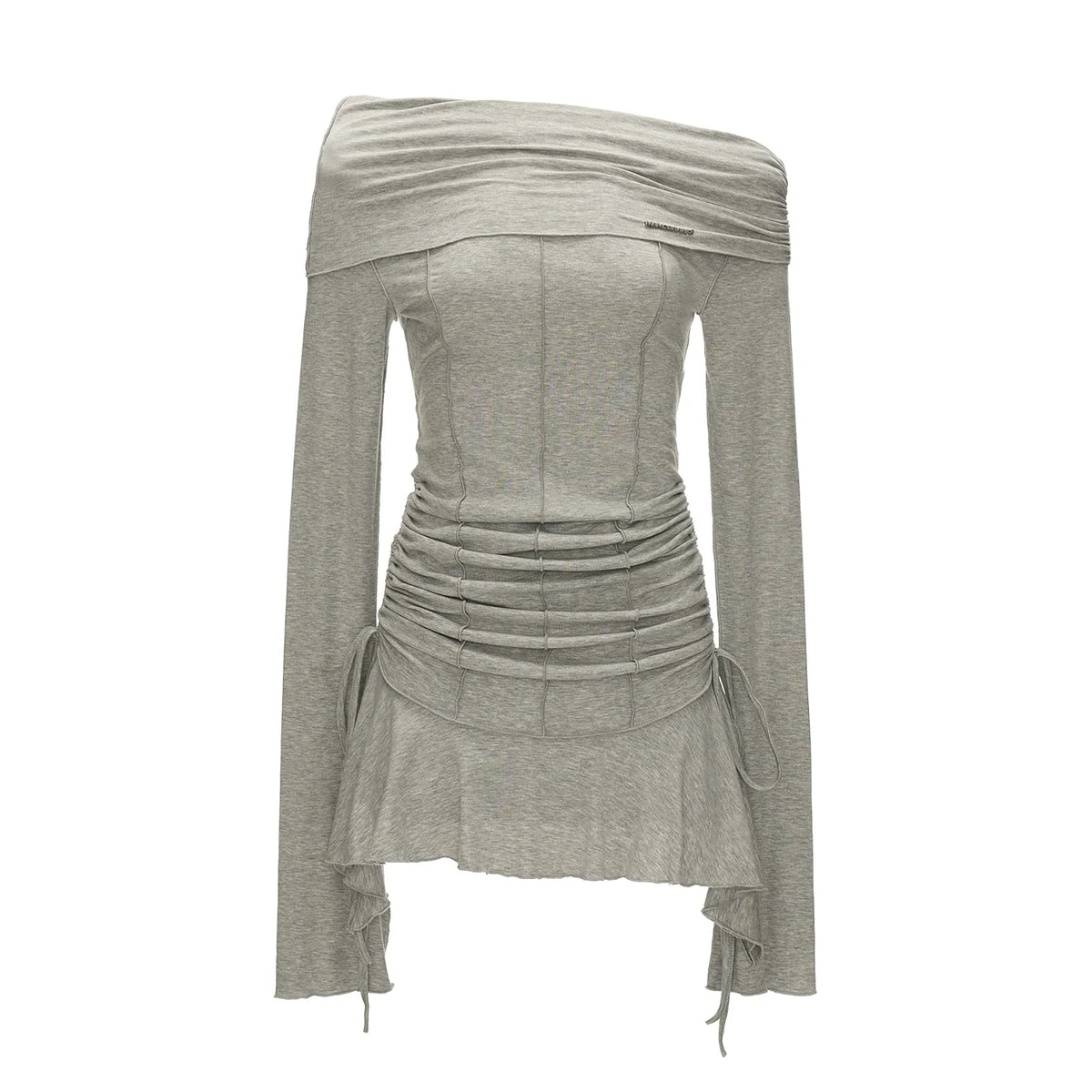 Slanted Pleated French Waist Long Sleeve Midi Dress
