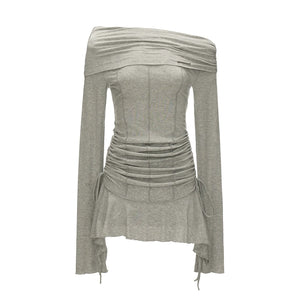 Slanted Pleated French Waist Long Sleeve Midi Dress