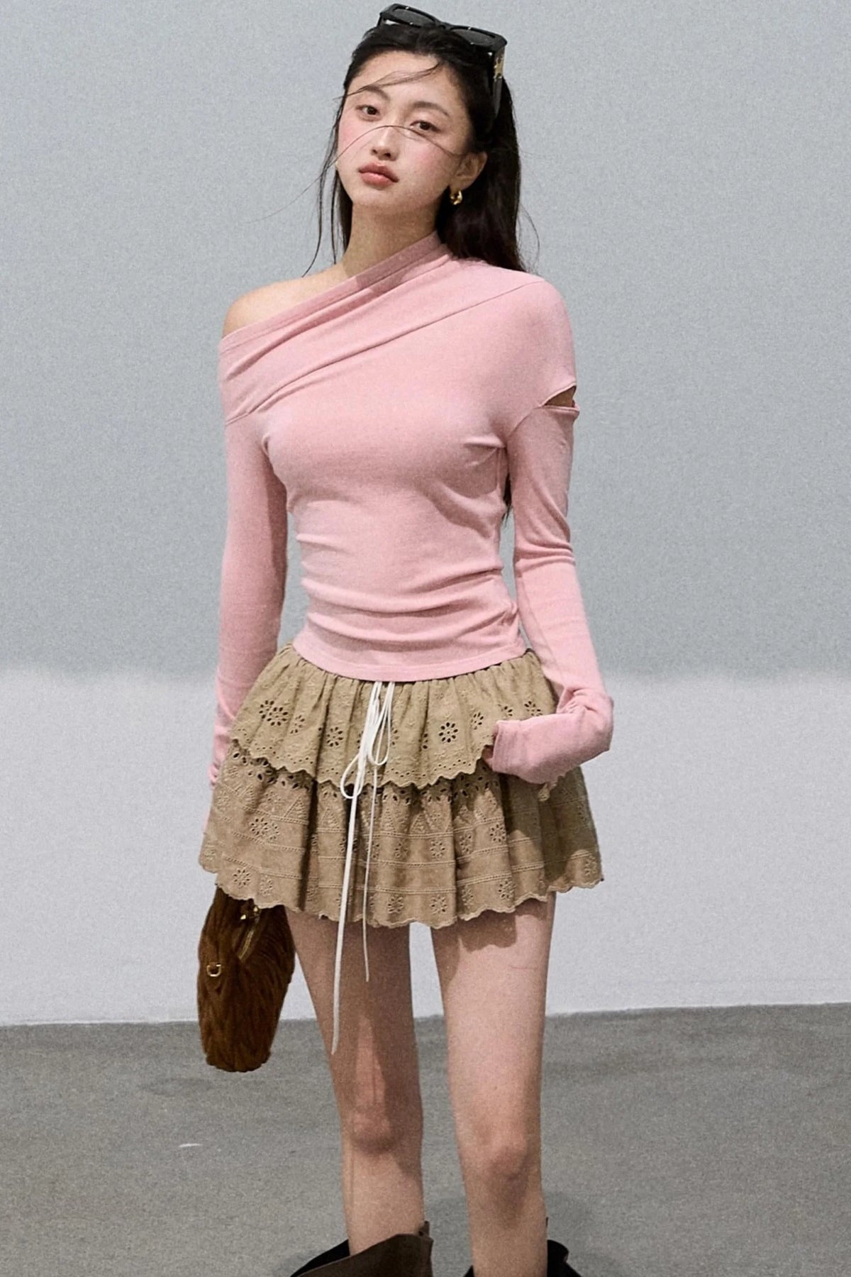 Slanted Shoulder Knit Base Layer Top